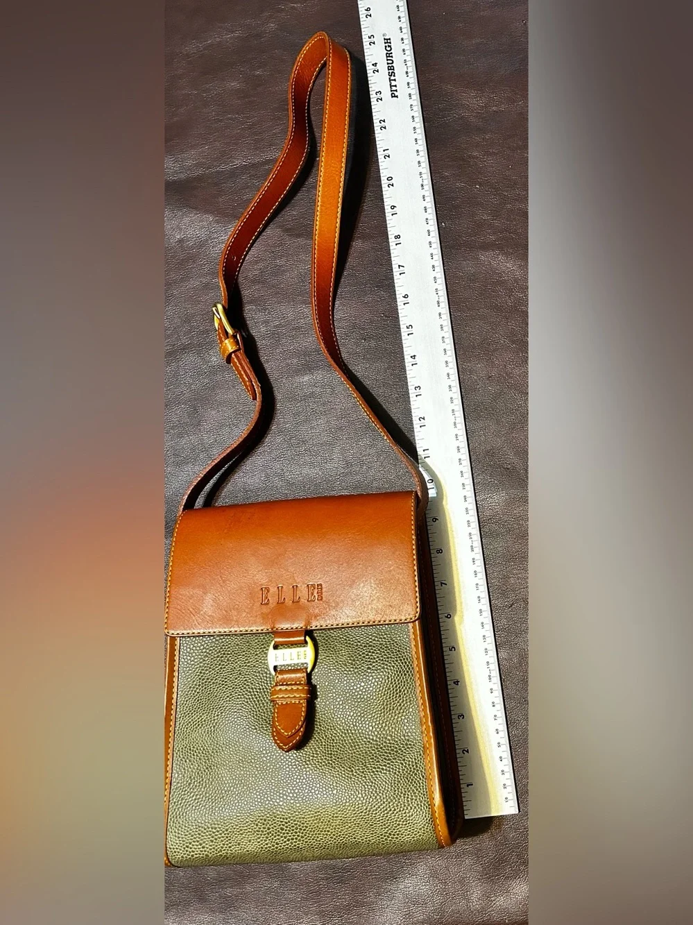 Elle Olive Green and Tan Leather Messenger Crossbody (see description)